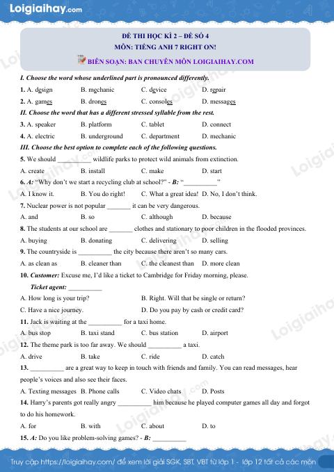 Đề thi học kì 2 Tiếng Anh 7 Right on! - Đề số 4